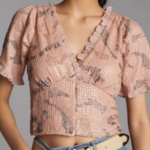 Anthropologie Flower that Girl Sequin Embellished Pink Top